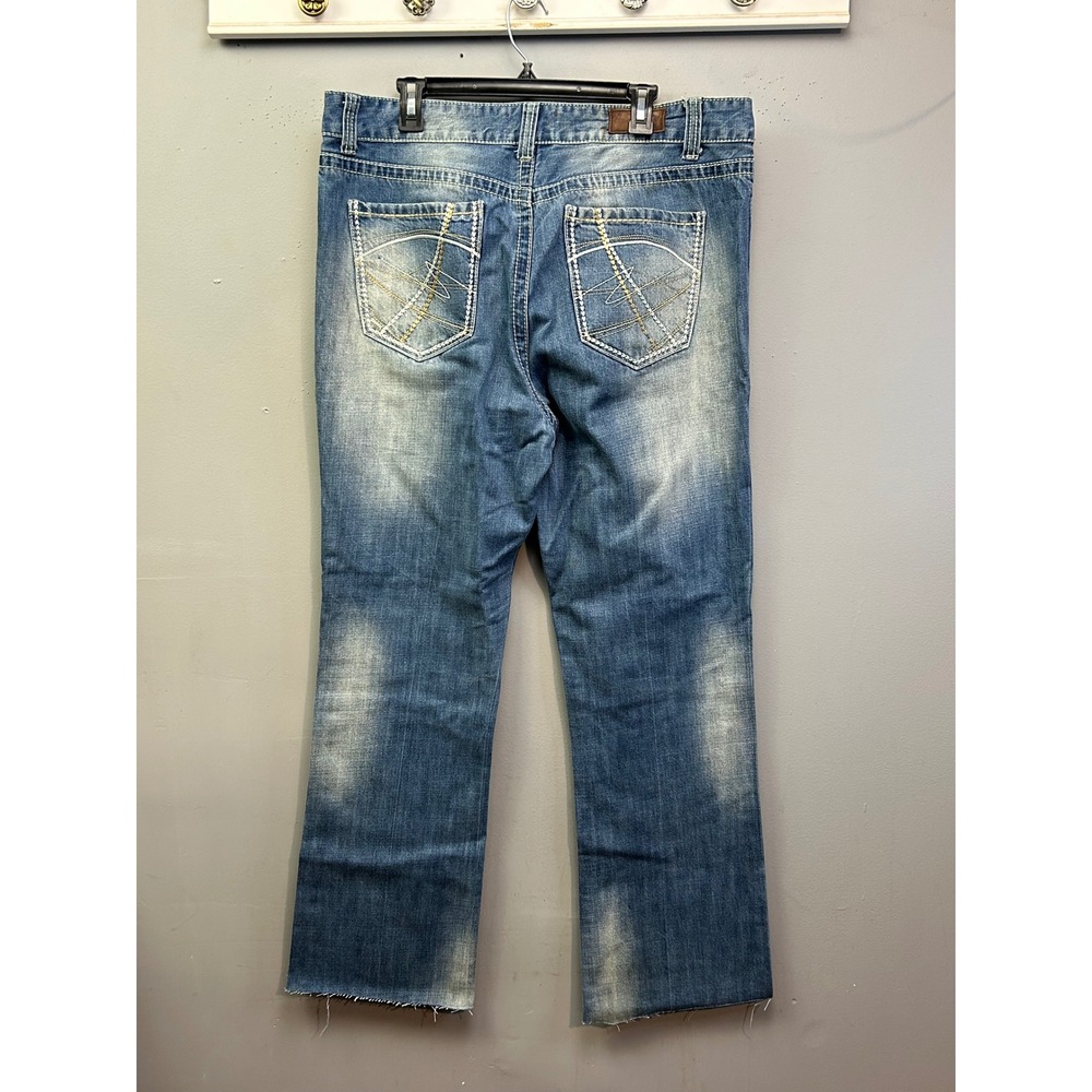 Cowboy Up Jeans Mens 38x32 Blue Medium Wash Straight Embroidered Raw Hem Altered